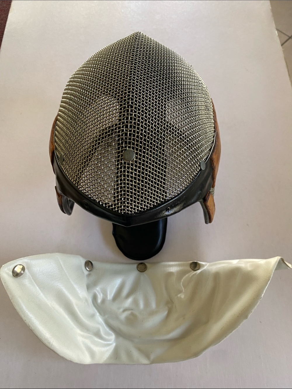 Vintage Fencing Mask with Removable Bib - Silver Mesh, Tan Trim